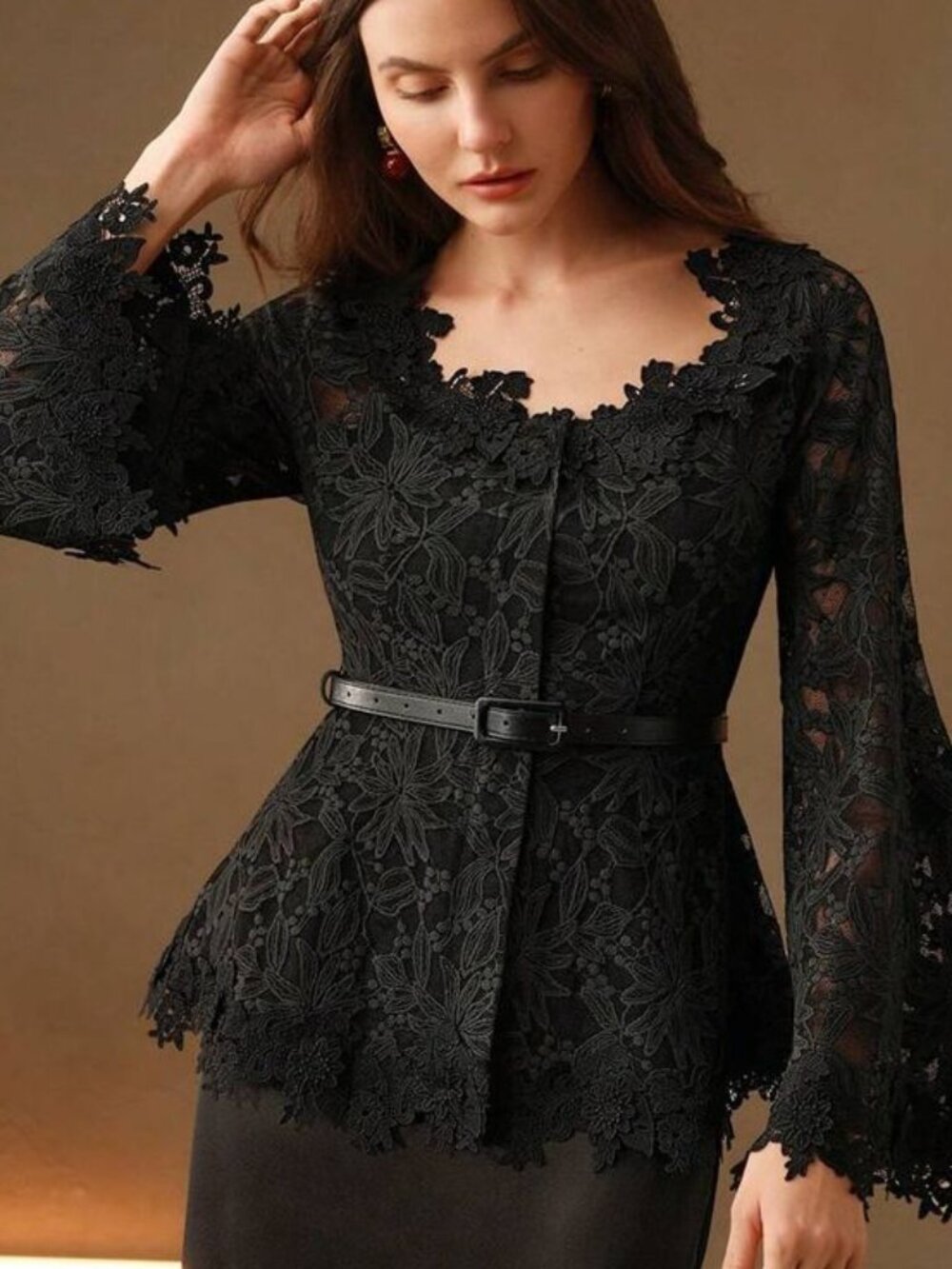 Womens Anewsta Lace Bell Sleeve Zip Black Top, No Belt EUC Small